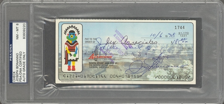 1978 Joseph Bonanno Signed And Encapsulated Check (PSA/DNA NM-MT 8)